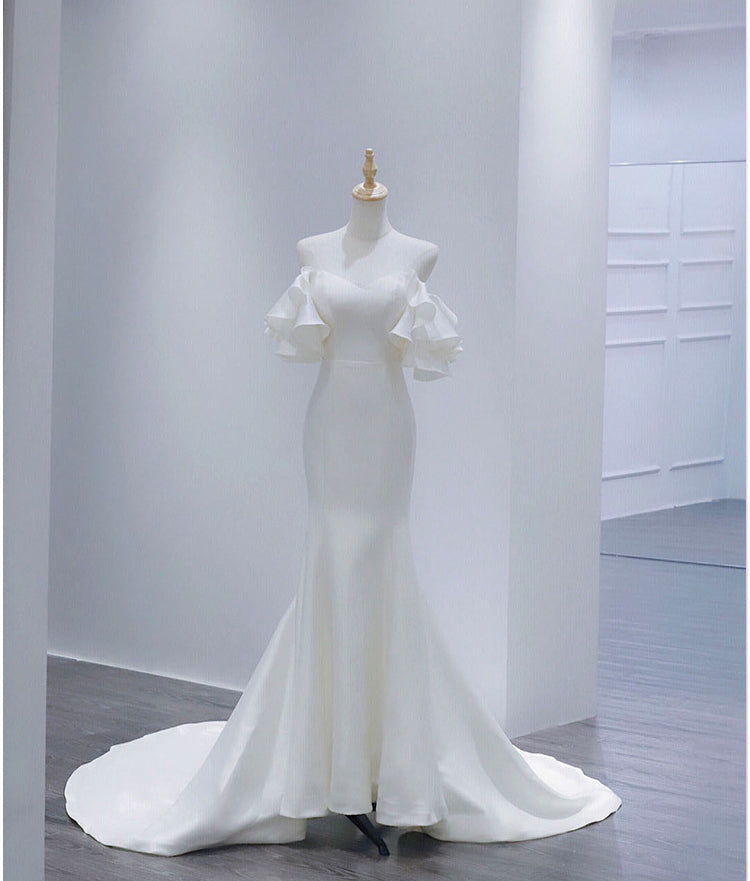 Off Shoulder Mermaid Wedding Dresses with Layered Puff Sleeves - promboutiqueonline
