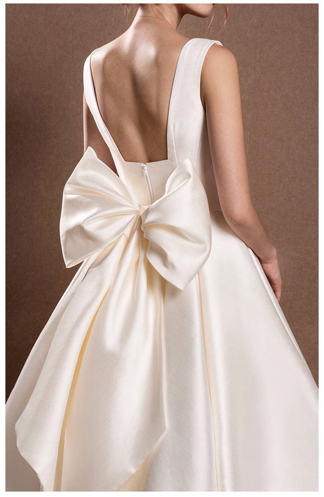 Chic Vintage Square Neckline Satin Wedding Dresses with Big Bowknot for Short Girls - promboutiqueonline