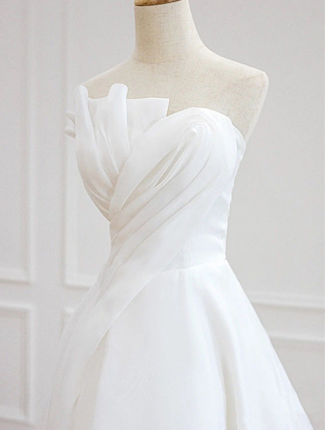 Draped Asymmetric Neckline A-line Wedding Dresses Sweep Train for Petite Brides - promboutiqueonline