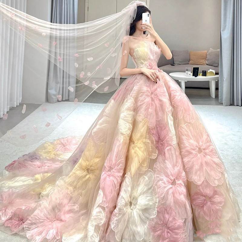 Strapless 3D Flowers Pink Colored Wedding Dresses Debut Ball Gowns - promboutiqueonline