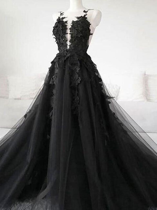 Black Tulle Gothic Wedding Dresses Sideslit with Veil Halloween Appliqued Wedding Gowns - promboutiqueonline