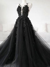 Load image into Gallery viewer, Black Tulle Gothic Wedding Dresses Sideslit with Veil Halloween Appliqued Wedding Gowns