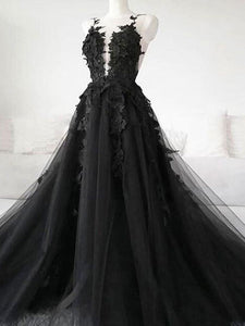 Black Tulle Gothic Wedding Dresses Sideslit with Veil Halloween Appliqued Wedding Gowns