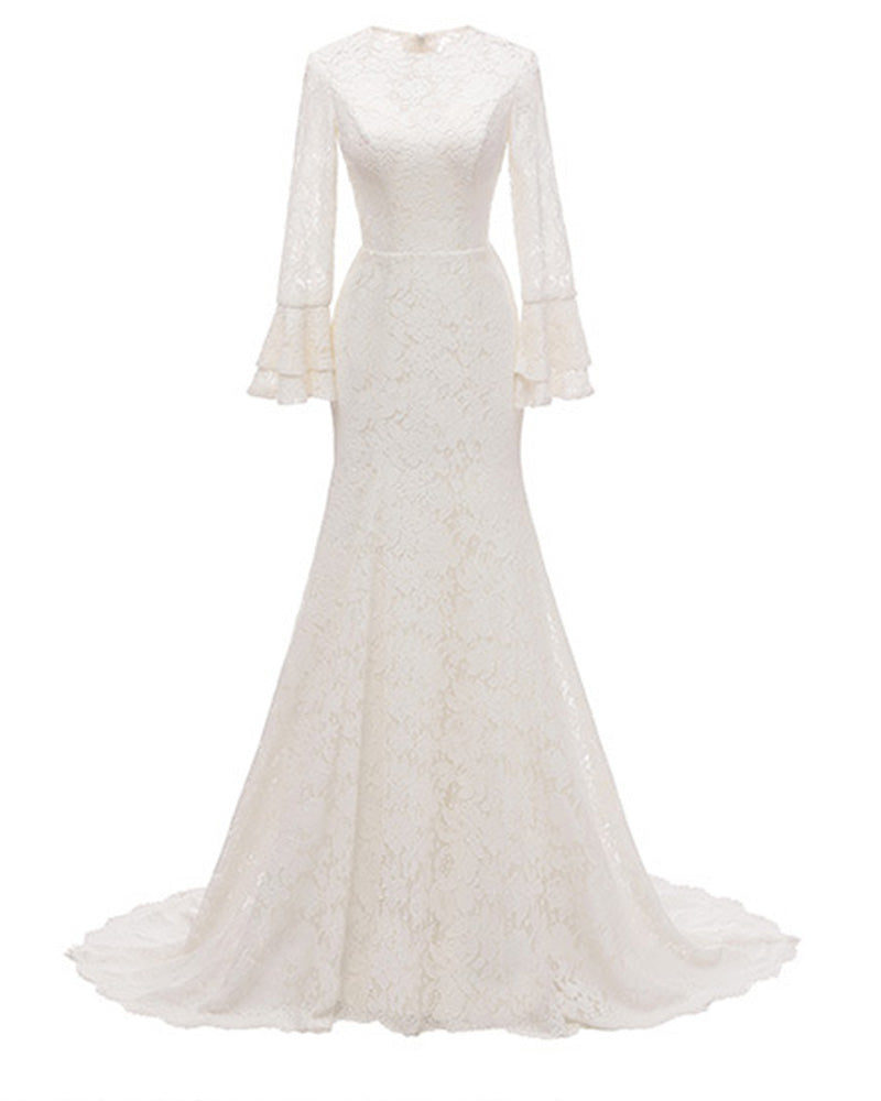 Long Sleeves Form Fitting Lace Wedding Dresses for Lawn Wedding Party - promboutiqueonline