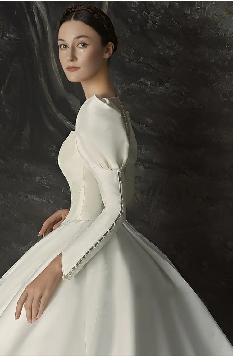 Satin Corset Royal Bridal Gowns Long Puff Sleeves Wedding Dresses - promboutiqueonline