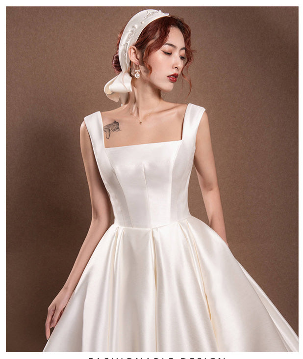 Chic Vintage Square Neckline Satin Wedding Dresses with Big Bowknot for Short Girls - promboutiqueonline