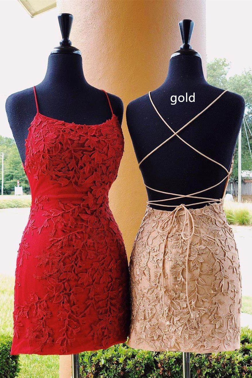 Short Applique Sheath Red Prom Dresses with String Straps Back P581 - promboutiqueonline