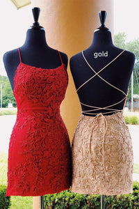 Short Applique Sheath Red Prom Dresses with String Straps Back P581