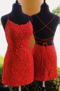Short Applique Sheath Red Prom Dresses with String Straps Back P581 - promboutiqueonline