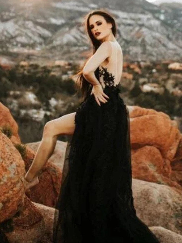 Black Gothic Wedding Dress | Tulle Veil Side Slit Bridal promboutiqueonline Black Gothic Wedding Dress | Tulle Veil Side Slit Bridal promboutiqueonline