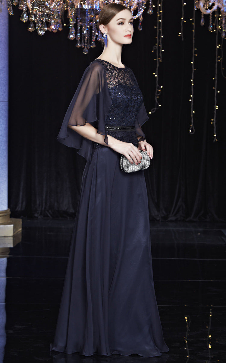 Blue Lace and Chiffon Mother of The Bride Dresses with Mid-length Sheer Sleeves - promboutiqueonline