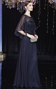 Blue Lace and Chiffon Mother of The Bride Dresses with Mid-length Sheer Sleeves