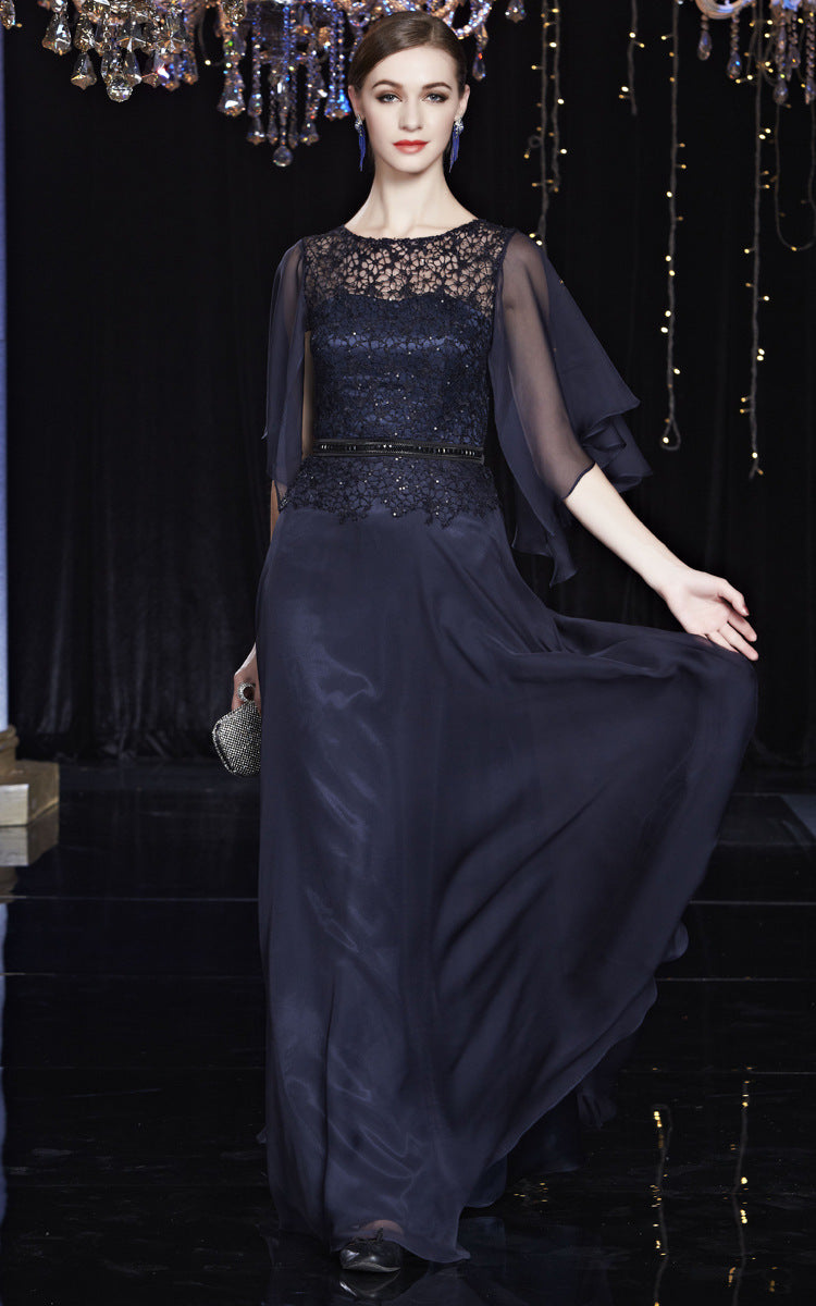 Blue Lace and Chiffon Mother of The Bride Dresses with Mid-length Sheer Sleeves - promboutiqueonline