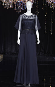 Blue Lace and Chiffon Mother of The Bride Dresses with Mid-length Sheer Sleeves