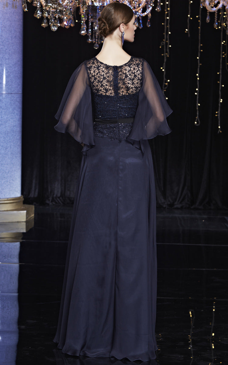 Blue Lace and Chiffon Mother of The Bride Dresses with Mid-length Sheer Sleeves - promboutiqueonline
