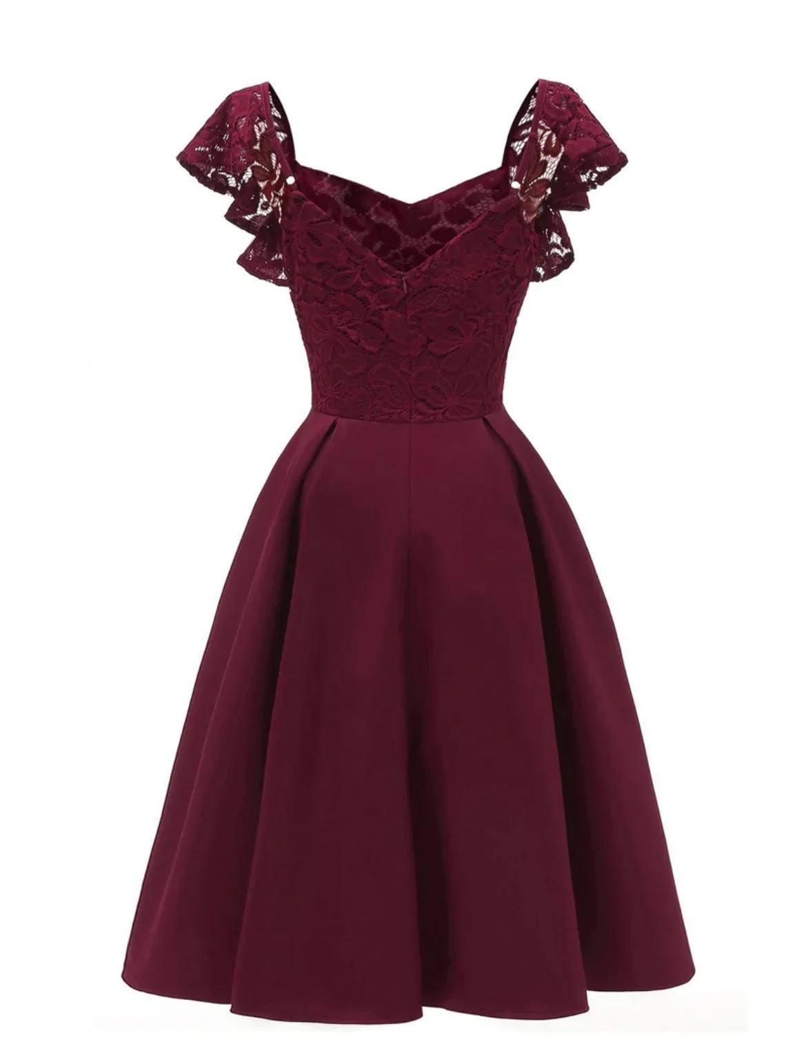 1950s Wine Midi Length Lace and Satin Party Prom Dresses Short Butterfly Sleeves - promboutiqueonline