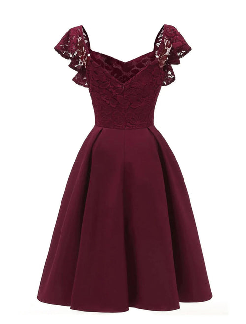 1950s Wine Midi Length Lace and Satin Party Prom Dresses Short Butterfly Sleeves - promboutiqueonline