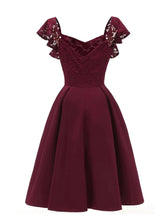 Load image into Gallery viewer, 1950s Wine Midi Length Lace and Satin Party Dress Short Butterfly Sleeves