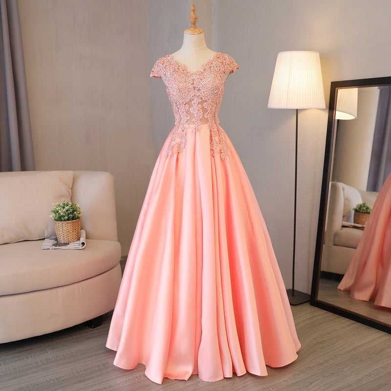 Rose Pink Appliqued Sheer Prom Ball Gowns Dress with Cap Sleeves - promboutiqueonline