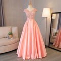 Rose Pink Appliqued Sheer Prom Ball Gowns Dress with Cap Sleeves - promboutiqueonline