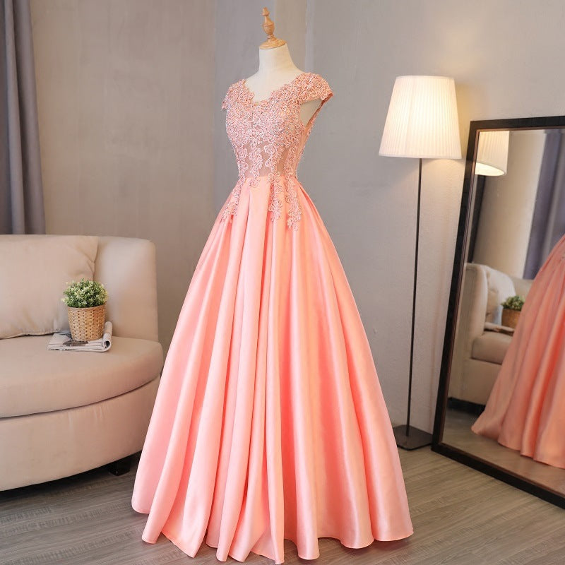 Rose Pink Appliqued Sheer Prom Ball Gowns Dress with Cap Sleeves - promboutiqueonline