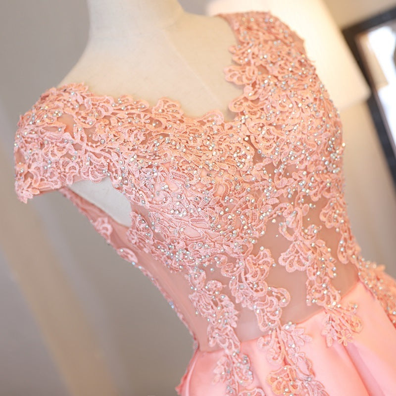 Rose Pink Appliqued Sheer Prom Ball Gowns Dress with Cap Sleeves - promboutiqueonline