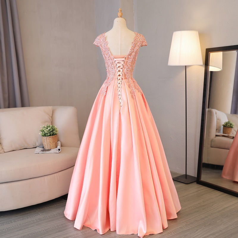 Rose Pink Appliqued Sheer Prom Ball Gowns Dress with Cap Sleeves - promboutiqueonline