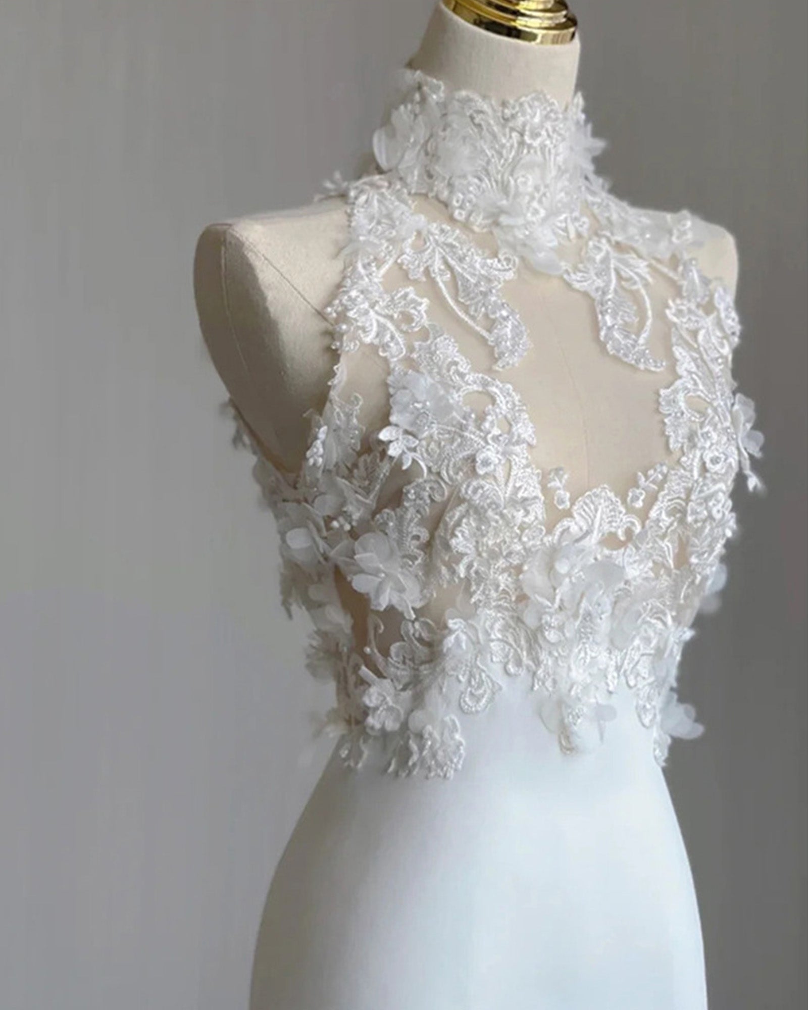 High Collar Applique Lace Satin Mermaid Wedding Dresses with Detachable Sleeves - promboutiqueonline