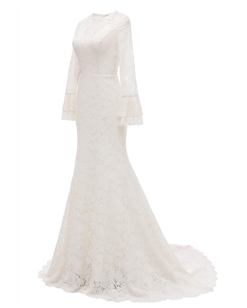 Long Sleeves Form Fitting Lace Wedding Dresses for Lawn Wedding Party - promboutiqueonline
