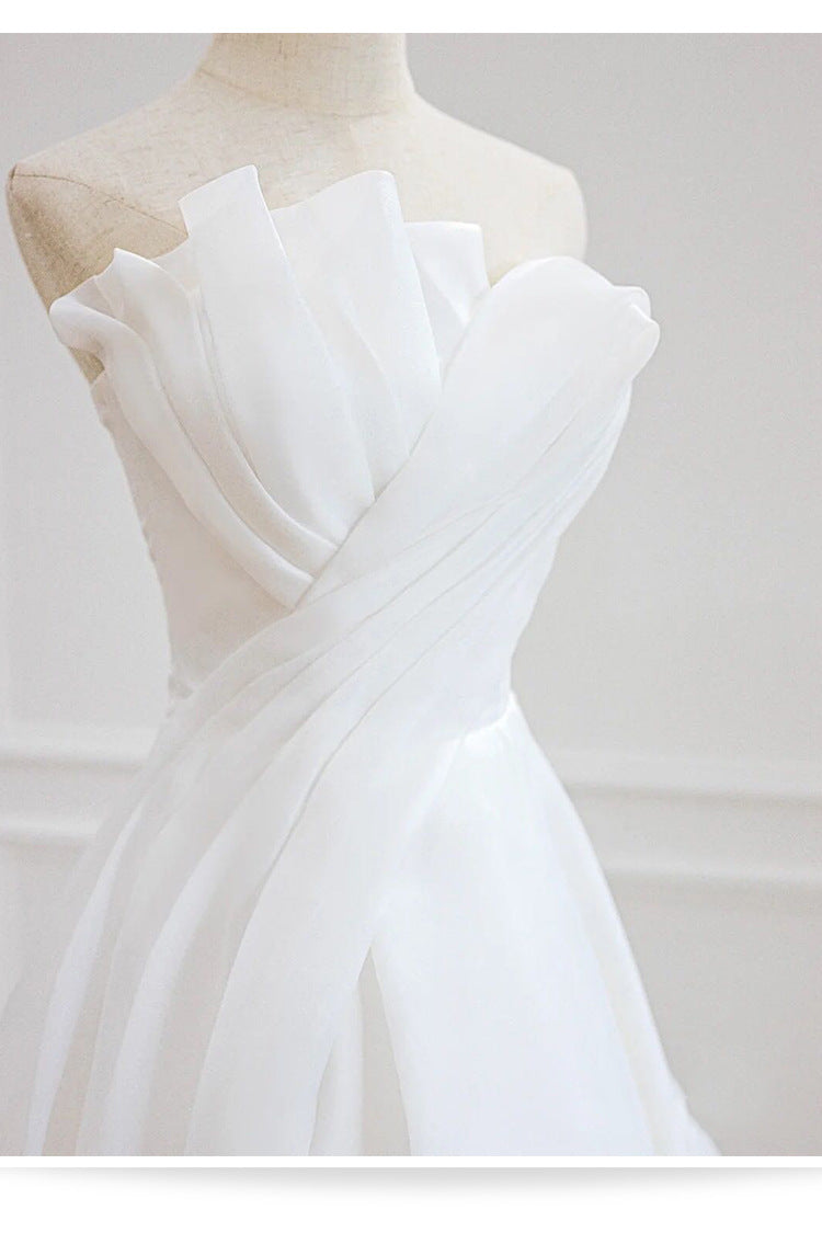 Draped Asymmetric Neckline A-line Wedding Dresses Sweep Train for Petite Brides - promboutiqueonline