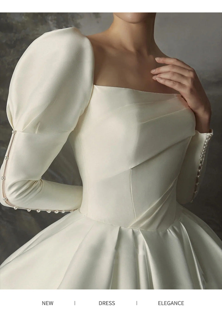 Satin Corset Royal Bridal Gowns Long Puff Sleeves Wedding Dresses - promboutiqueonline
