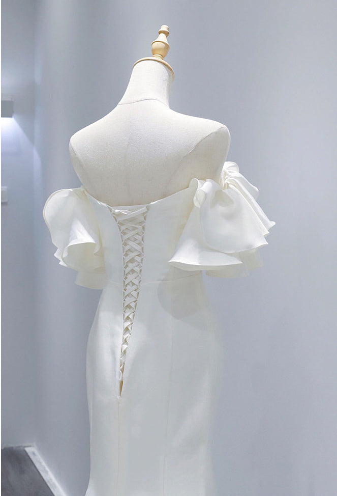Off Shoulder Mermaid Wedding Dresses with Layered Puff Sleeves - promboutiqueonline