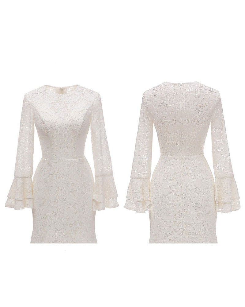 Long Sleeves Form Fitting Lace Wedding Dresses for Lawn Wedding Party - promboutiqueonline