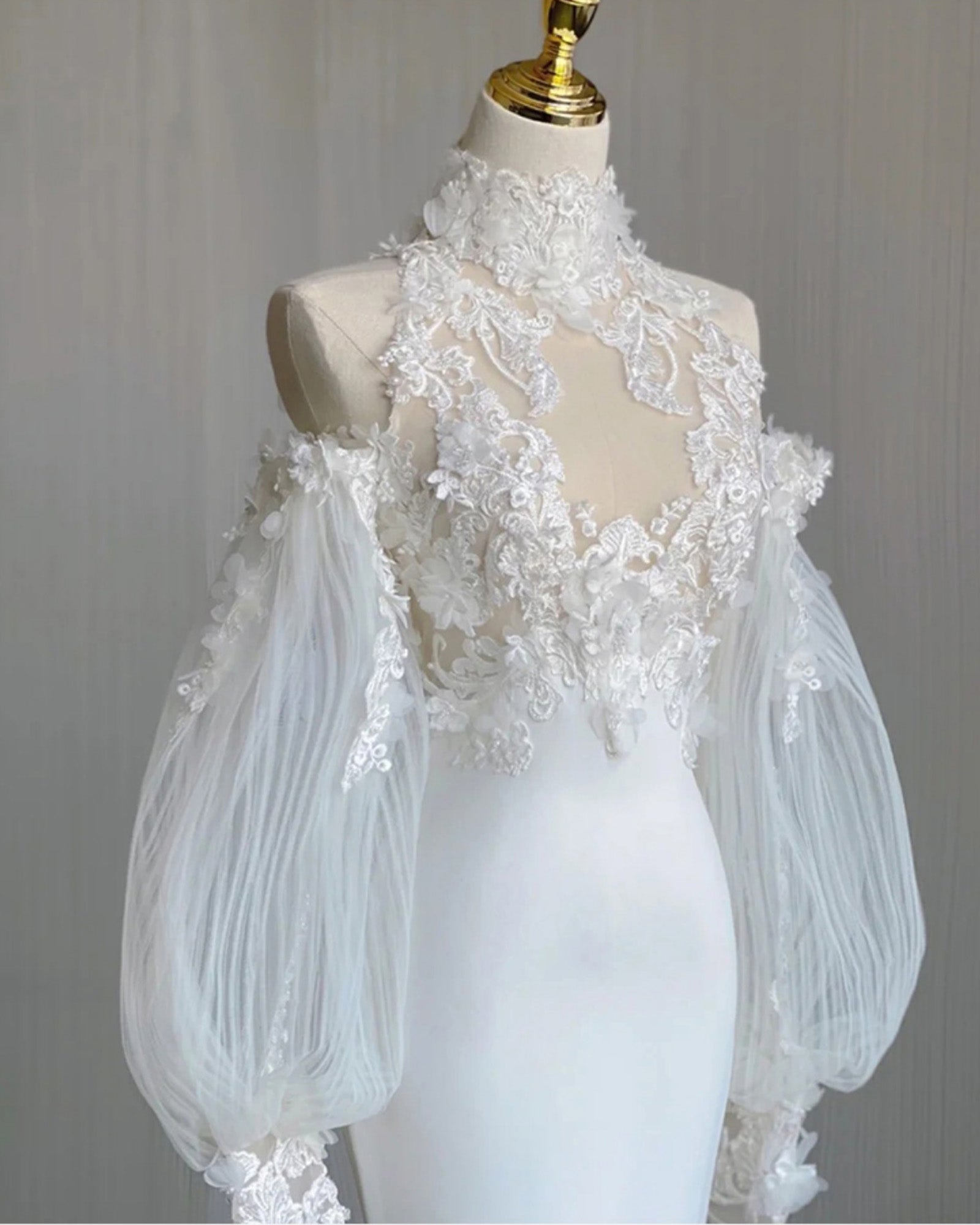 High Collar Applique Lace Satin Mermaid Wedding Dresses with Detachable Sleeves - promboutiqueonline