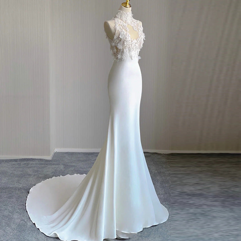 High Collar Applique Lace Satin Mermaid Wedding Dresses with Detachable Sleeves - promboutiqueonline