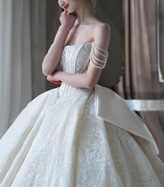 Princess Sleeveless Corset Bridal Gowns Tube Lace Wedding Dresses with Big Bowknot - promboutiqueonline