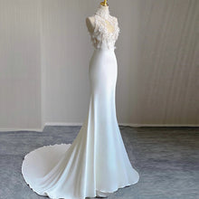 Load image into Gallery viewer, High Collar Applique Lace Satin Mermaid Wedding Dresses with Detachable Sleeves
