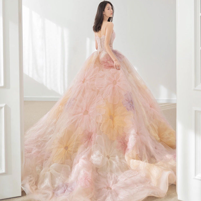 Strapless 3D Flowers Pink Colored Wedding Dresses Debut Ball Gowns - promboutiqueonline