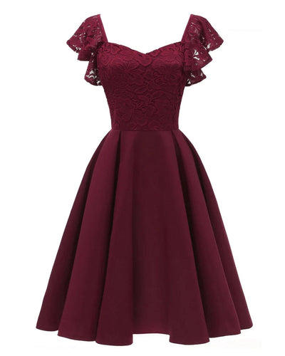 1950s Wine Midi Length Lace and Satin Party Prom Dresses Short Butterfly Sleeves