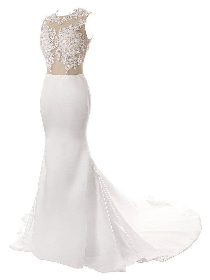 Ivory Sheer Appliqued Mermaid Wedding Dresses with Train - promboutiqueonline