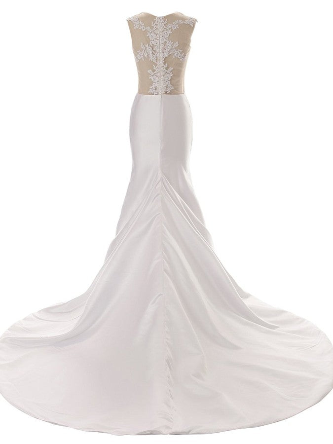 Ivory Sheer Appliqued Mermaid Wedding Dresses with Train - promboutiqueonline