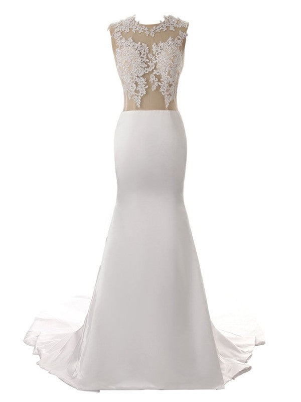 Ivory Sheer Appliqued Mermaid Wedding Dresses with Train - promboutiqueonline