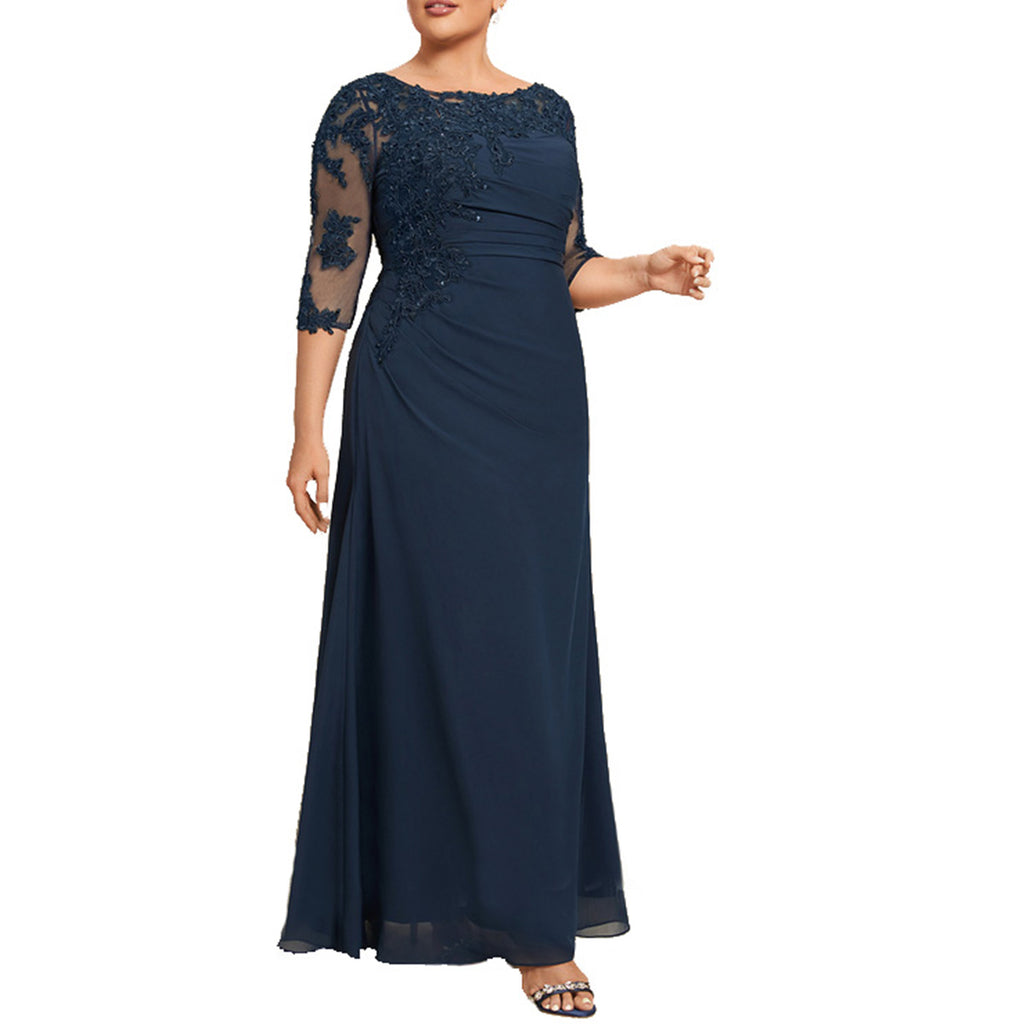 Ruched Jewel Blue Long Mother of the Bride Dress Half Sleeves - promboutiqueonline