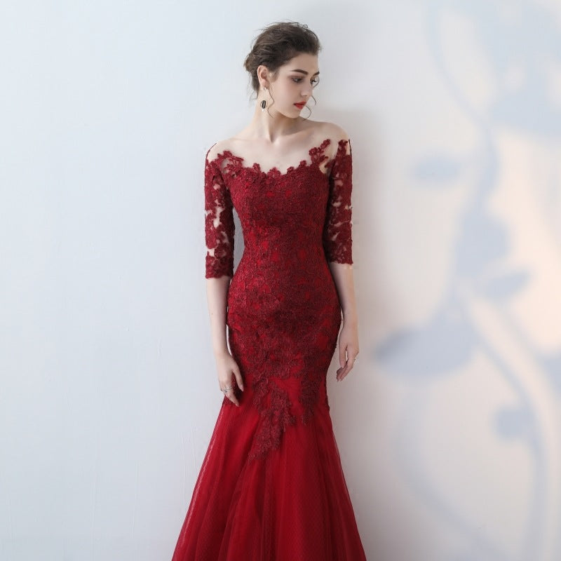 Appliqued Wine Lace Mermaid Prom Dresses Half Sleeves - promboutiqueonline