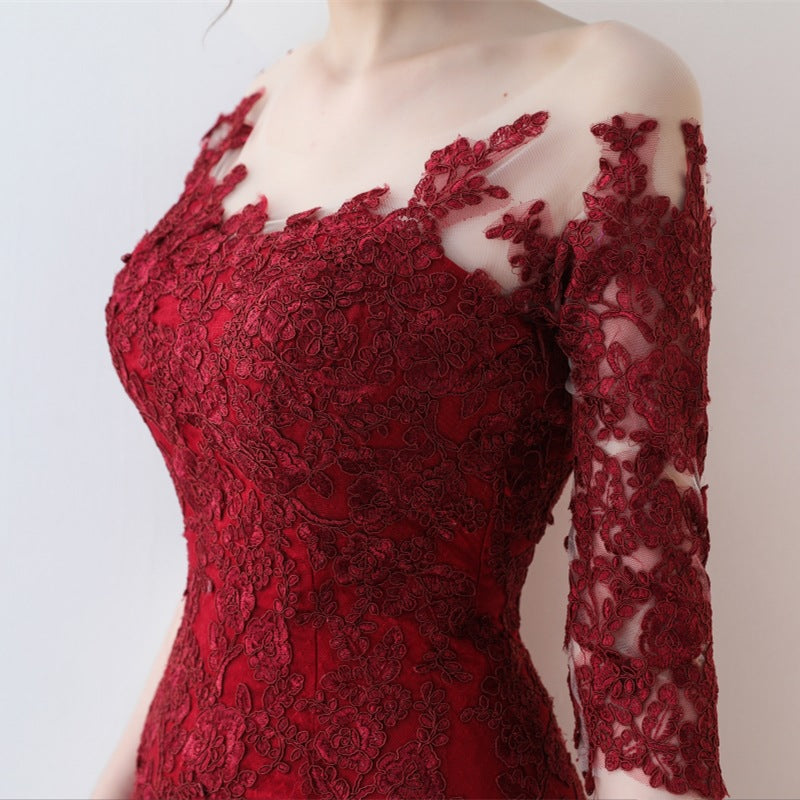 Appliqued Wine Lace Mermaid Prom Dresses Half Sleeves - promboutiqueonline