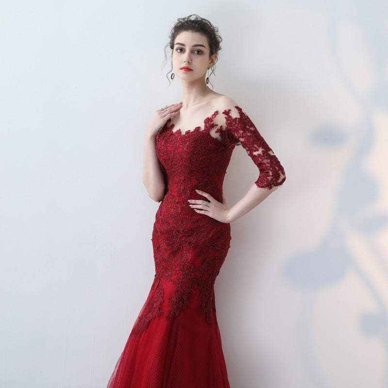Appliqued Wine Lace Mermaid Prom Dresses Half Sleeves - promboutiqueonline