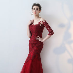 Appliqued Wine Lace Mermaid Prom Dresses Half Sleeves