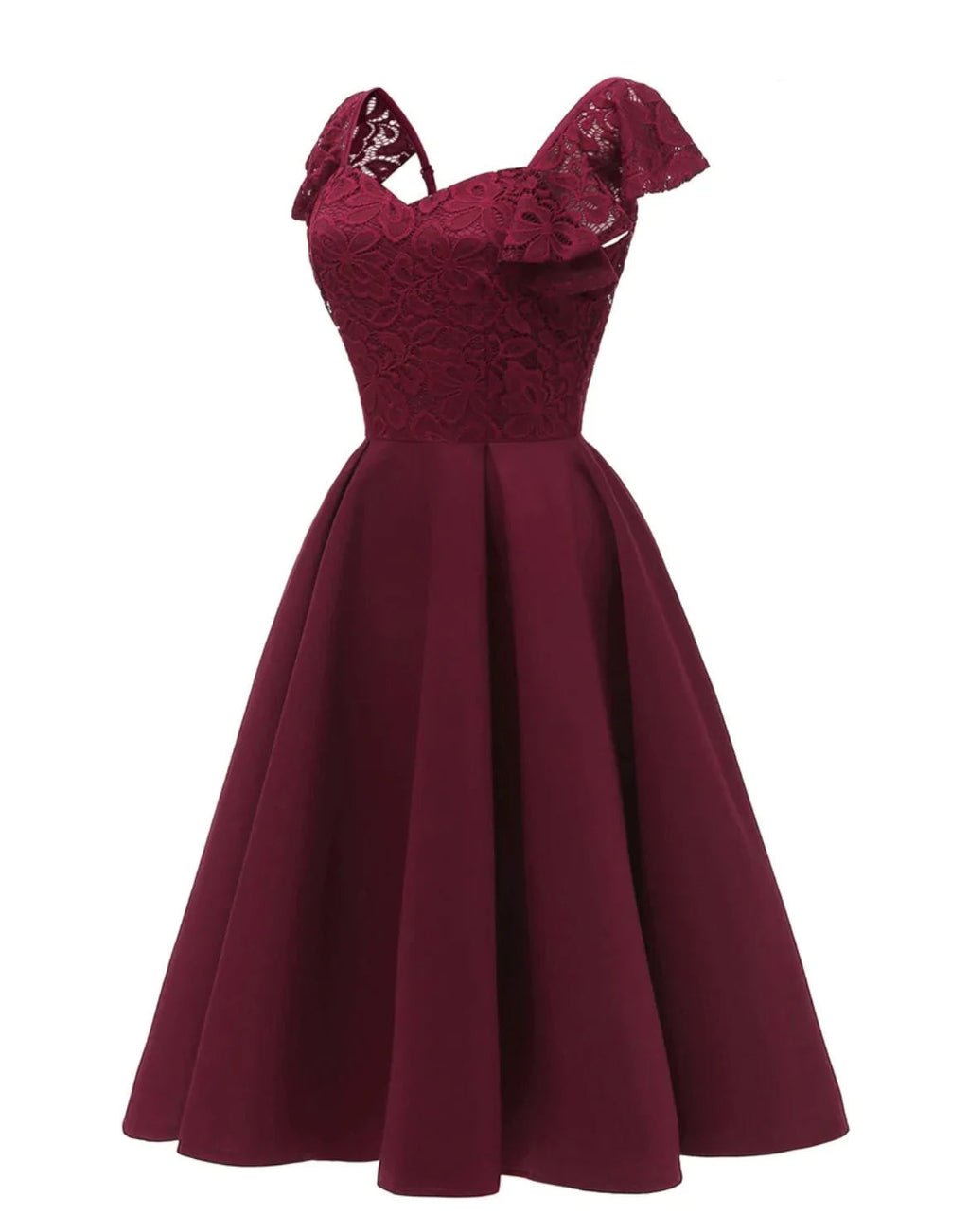 1950s Wine Midi Length Lace and Satin Party Prom Dresses Short Butterfly Sleeves - promboutiqueonline