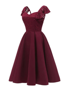 1950s Wine Midi Length Lace and Satin Party Dress Short Butterfly Sleeves