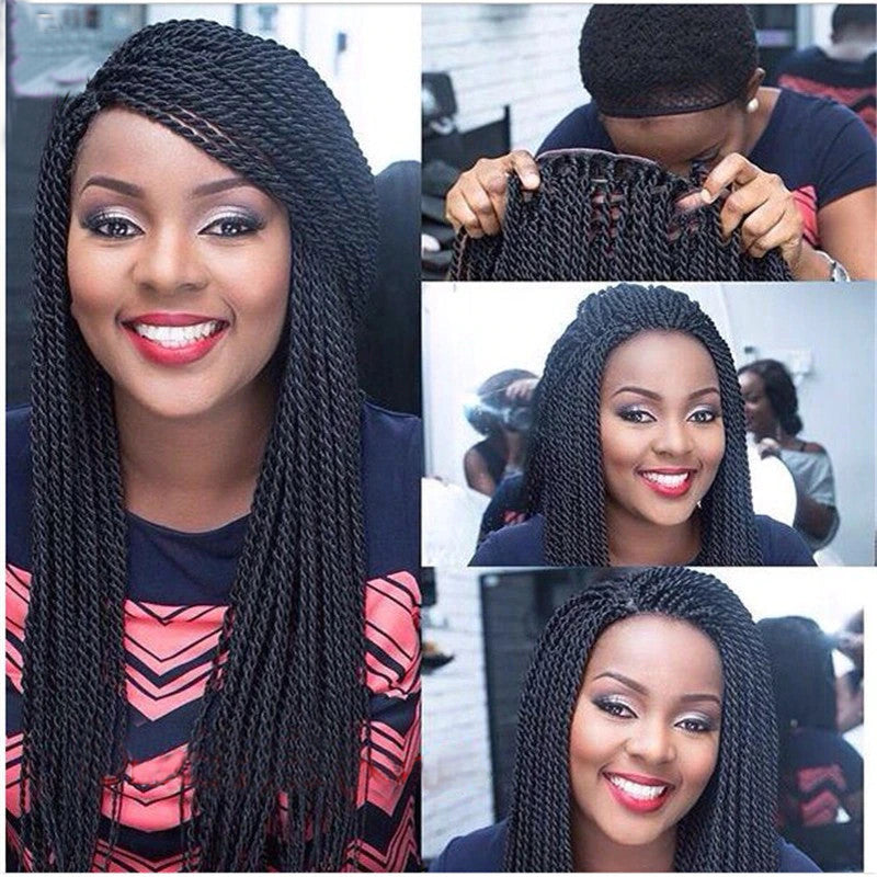 Long Black Braided Lace Front Wig For Black Women Full Senegalese Synthetic Twist Braided Lace Wigs - promboutiqueonline